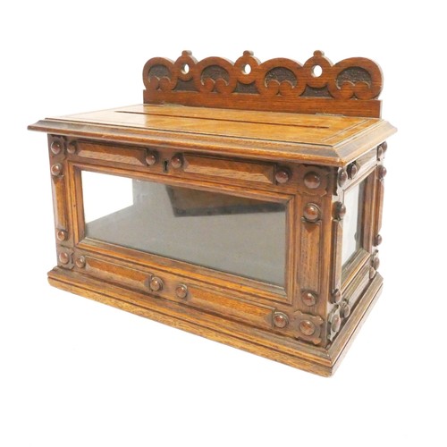 340 - Victorian oak gothic revival letter box with scrolled and pierced gallery top and glass panel sides ... 