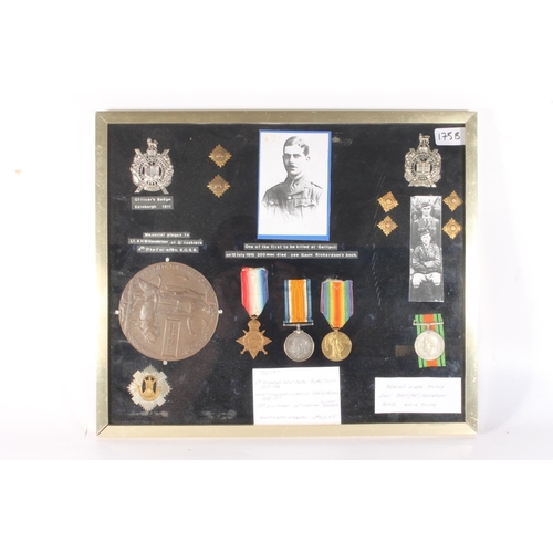 1197 - Framed display of medals and badges of Second Lieutenant Andrew Hubert Millin Henderson of the 4th B... 