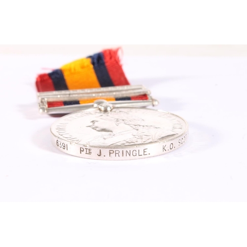 1080 - Medal of 6391 Private J Pringle of the Kings Own Scottish Borderers KOSB comprising Boer War Queens ... 