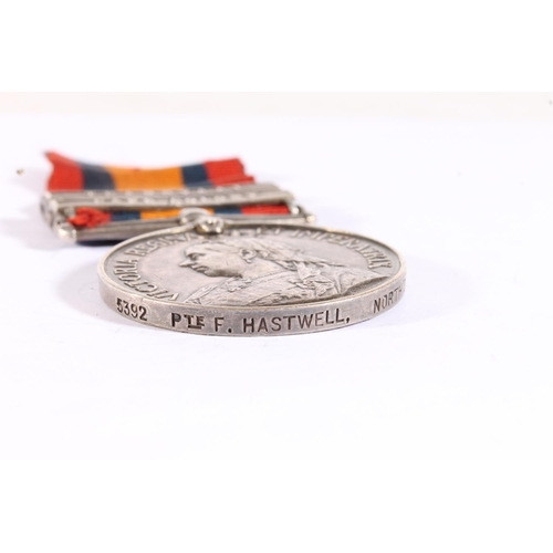 1093 - Medal of 5392 Private F Hastwell of the Northumberland Fusiliers comprising Boer War Queens South Af... 