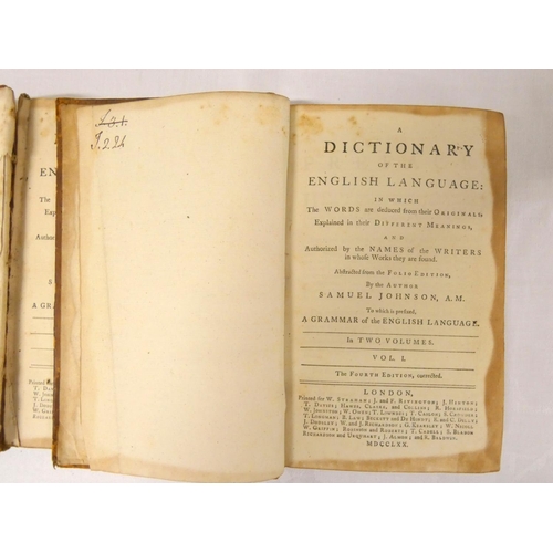 118 - JOHNSON SAMUEL.  A Dictionary of the English Language. 2 vols. Well worn calf, internal brownin... 