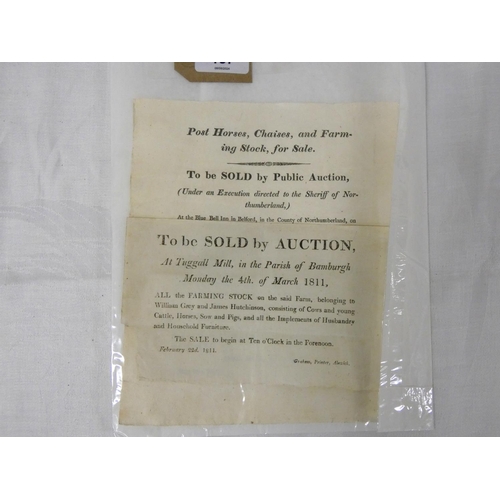 137 - Northumberland Ephemera.  Handbill for sale by auction of post horses, chaises & farmi... 