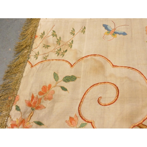 316 - Chinese silk embroidered bed cover with fringed border depicting two phoenix, exotic birds and flowe... 