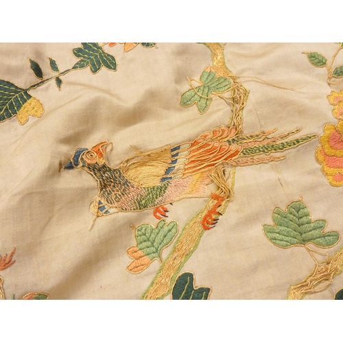 316 - Chinese silk embroidered bed cover with fringed border depicting two phoenix, exotic birds and flowe... 