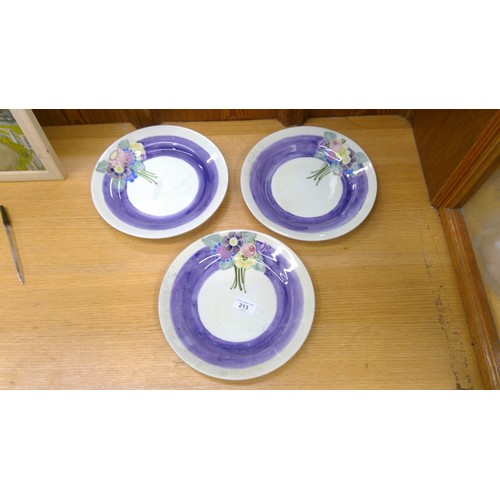 213 - Three Macmerry Scottish Art pottery plates and a sugar bowl, and a china jug.