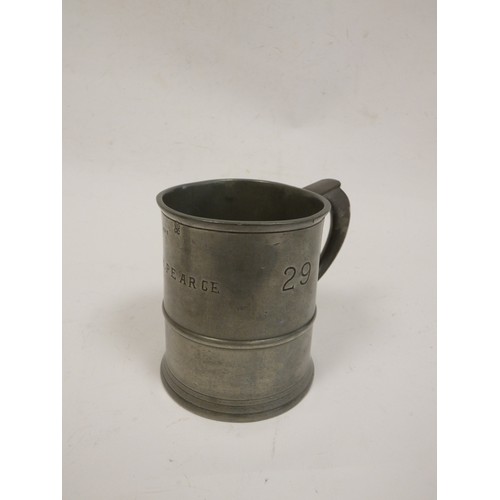 319B - H.Pearce pewter tankard collection comprising of a pint, 1/2 pint and 1/2 pint measure, and a hammer... 