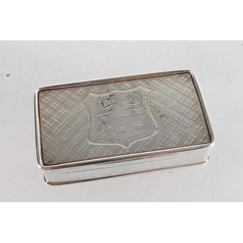 28 - Victorian silver snuff box of rectangular form with simulated tartan pattern to the body, inscriptio... 