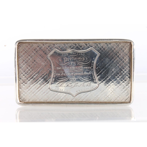 28 - Victorian silver snuff box of rectangular form with simulated tartan pattern to the body, inscriptio... 