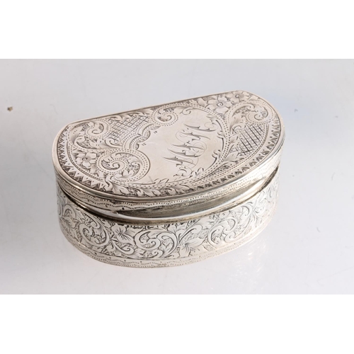 30 - Victorian silver snuff box of two thirds oval shape with incised designs of scrolling foliage, by F ... 