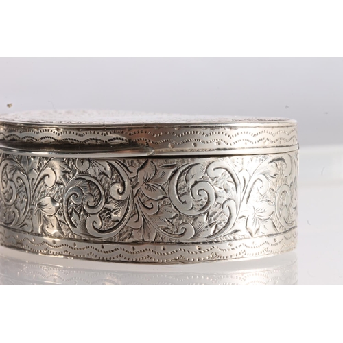 30 - Victorian silver snuff box of two thirds oval shape with incised designs of scrolling foliage, by F ... 