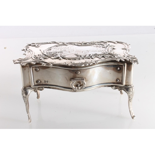 34 - Novelty silver jewellery casket in the form of a French Rococo style commode or bureau plat with pul... 