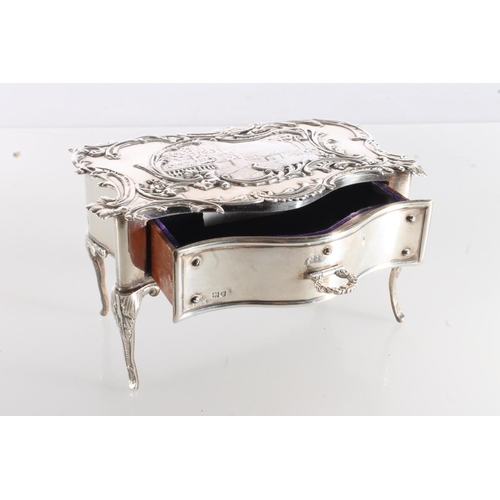 34 - Novelty silver jewellery casket in the form of a French Rococo style commode or bureau plat with pul... 