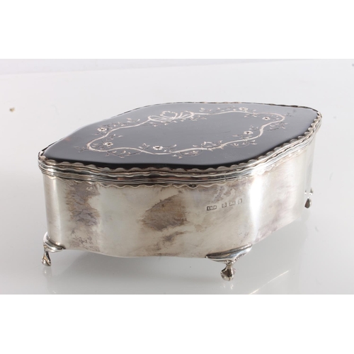 35 - Edwardian silver and tortoiseshell jewellery casket of navette shape with serpentine edge by Levi & ... 