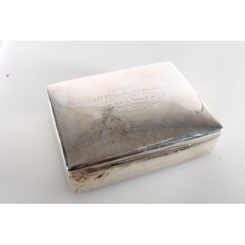 37 - Indian silver table cigarette box with inscription 'Presented to Capt F N Mason MacFarlane MC RA by ... 