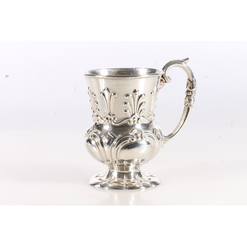 40 - Victorian silver christening mug of thistle head shape with embossed scroll decoration, by Hawkeswor... 