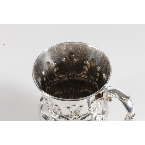 40 - Victorian silver christening mug of thistle head shape with embossed scroll decoration, by Hawkeswor... 