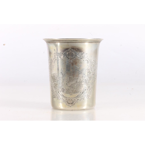 41 - Continental Danish style silver beaker cup of trumpet shape, the body incised with depicting of a ca... 