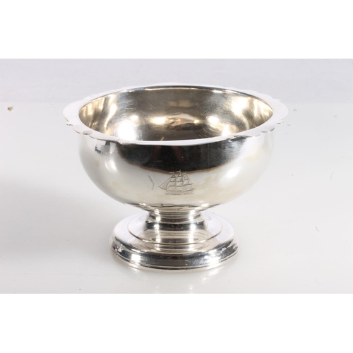 55 - Antique silver pedestal bowl with serpentine edge decorated with triple masted ship crest, probably ... 