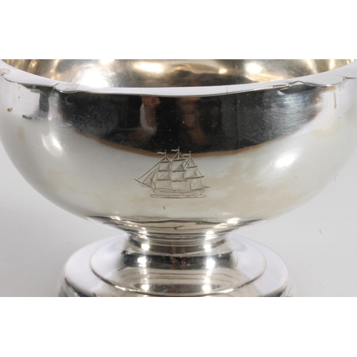 55 - Antique silver pedestal bowl with serpentine edge decorated with triple masted ship crest, probably ... 