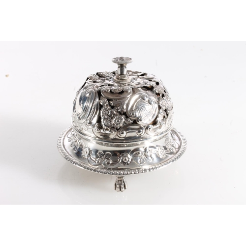 63 - Victorian pierced silver table bell with C scroll and floral designs, by Samuel Walton Smith, Birmin... 