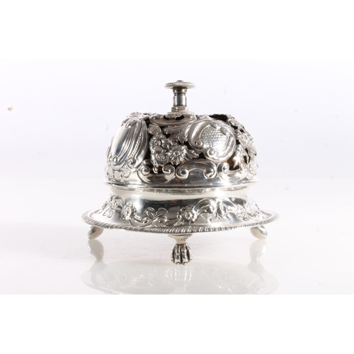 63 - Victorian pierced silver table bell with C scroll and floral designs, by Samuel Walton Smith, Birmin... 