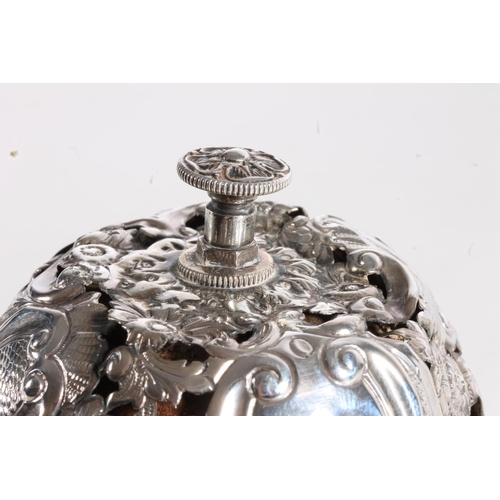 63 - Victorian pierced silver table bell with C scroll and floral designs, by Samuel Walton Smith, Birmin... 