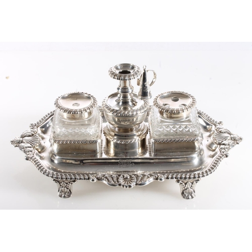 65 - Late Georgian silver desk stand with chamber stick and snuffer and inkwells by S C Younge & Co, ... 