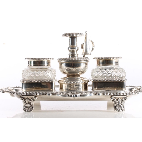 65 - Late Georgian silver desk stand with chamber stick and snuffer and inkwells by S C Younge & Co, ... 