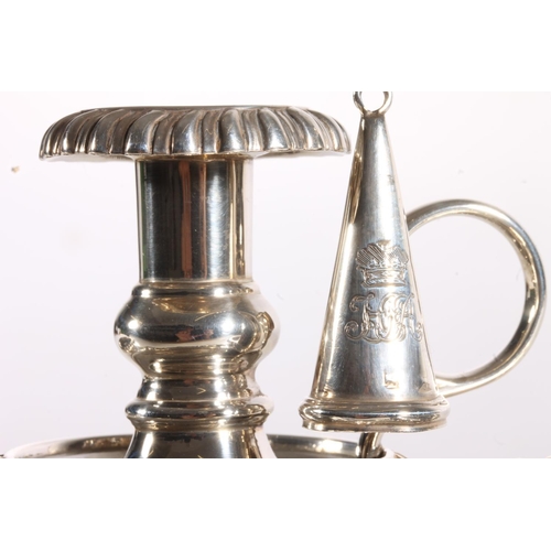 65 - Late Georgian silver desk stand with chamber stick and snuffer and inkwells by S C Younge & Co, ... 