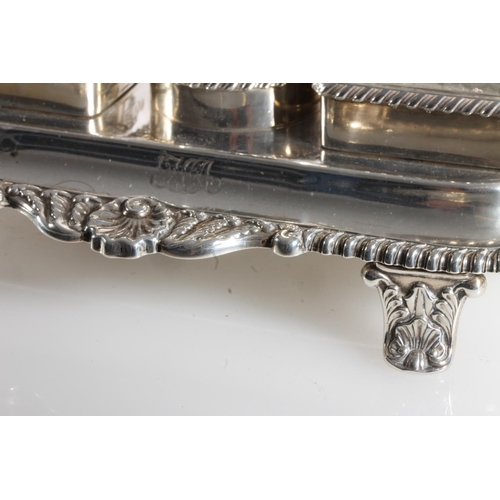 65 - Late Georgian silver desk stand with chamber stick and snuffer and inkwells by S C Younge & Co, ... 