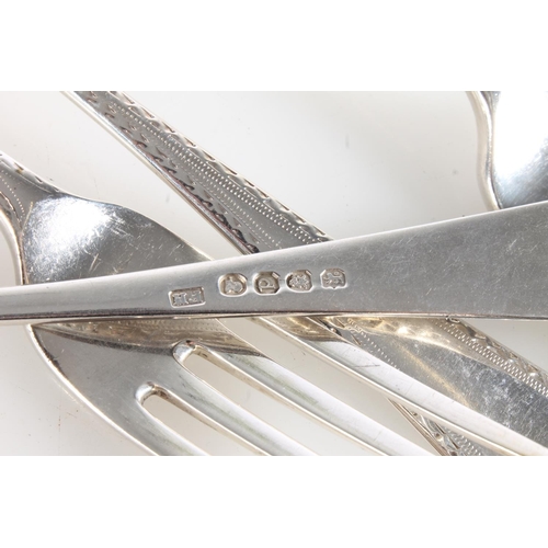 68 - Harlequin set of five silver table forks with bright cut borders, various makers, 318g.