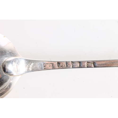 72 - 19th century silver serving spoon with bright cut borders, makers mark TC, and three similar non-mat... 