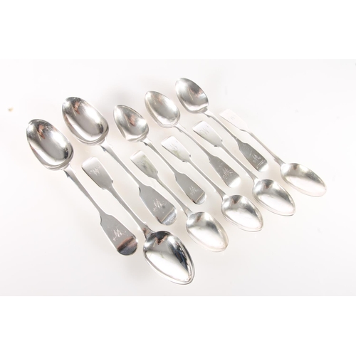 79 - 19th century silver fiddle pattern dessert spoons and teaspoons, various makers, 309g gross. (10)