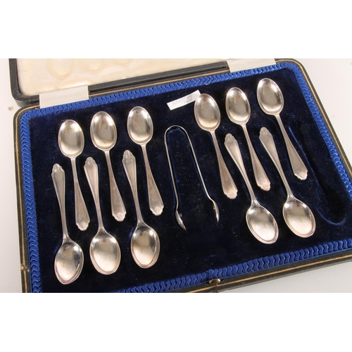 105 - Set of eleven silver teapsoons and matching sugar tongs by Cooper Brothers & Sons Ltd, Sheffield 191... 