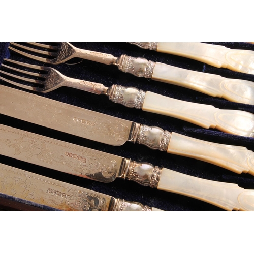 106 - Set of twelve Victorian silver and mother-of-pearl handled fruit knives and forks by Martin, Hall &a... 