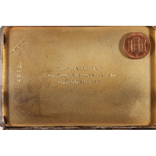 109 - Art Deco style silver cigarette case with engine turned decoration, the gilded interior with present... 