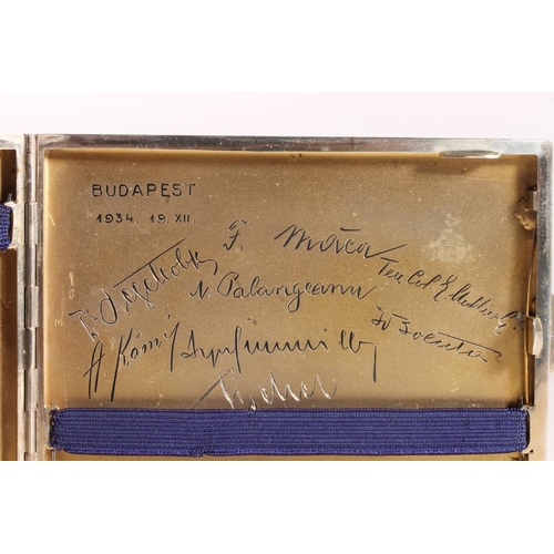 111 - Silver cigarette case with engine turned decoration, the gilded interior dated 1934 and inscribed 'B... 