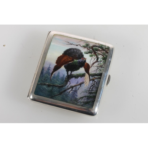 113 - Art Deco Continental silver and enamel cigarette case the top with a capercaillie on branch, makers ... 