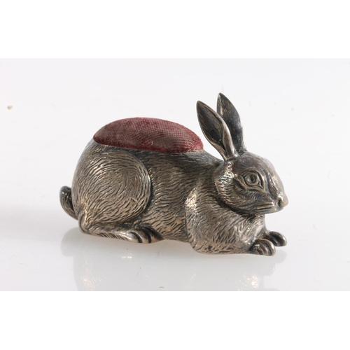 120 - Edwardian silver pin cushion in the form of a rabbit by Gourdel Vales & Co, Birmingham 1907, 50g... 