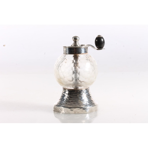 124 - Victorian silver and cut glass pepper mill of inverted thistle shape having spherical golf ball shap... 