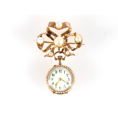 177 - French yellow metal, diamond and seed pearl nurse's watch by Le Coultre Et Cie, with matched unmarke... 