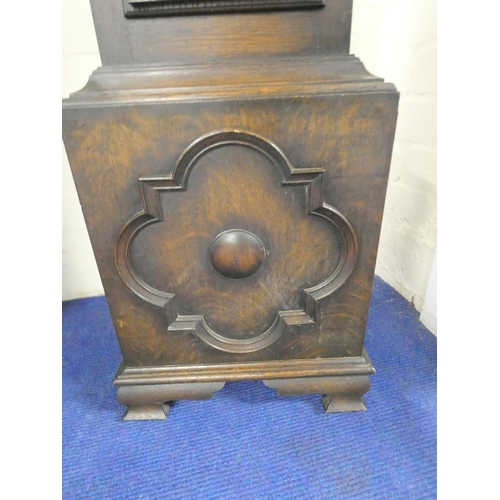 516 - 1930s oak cased grandmother clock with brass ''Tempus Fugit'' dial, the case boasting stylised flora... 