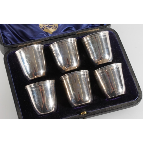 139 - Set of six foreign silver tot or shot cups, probably French, makers mark crowned fleur de lis over c... 