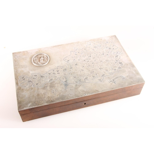 143 - Continental silver and birds eye walnut table cigarette or cigar box, the hinge top with sheet of si... 