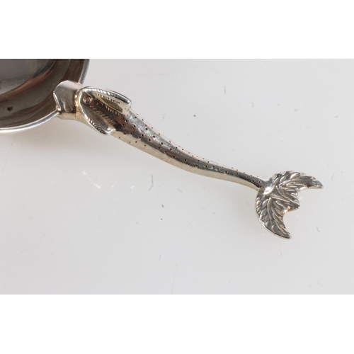 145 - George V novelty silver wine taster spoon with hemi spherical bowl and dolphin or fish handle, by Br... 