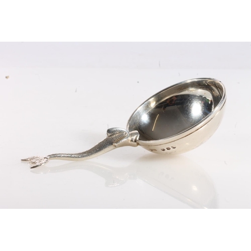 145 - George V novelty silver wine taster spoon with hemi spherical bowl and dolphin or fish handle, by Br... 