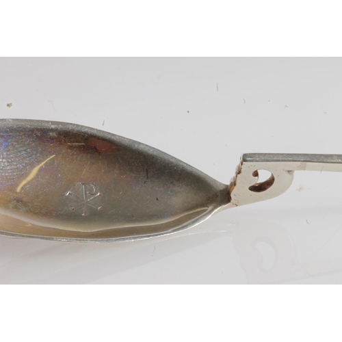 149 - Silver Traprain Treasure replica Roman spoon with elongated shell bowl engraved with the Christian s... 