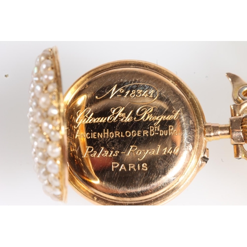 177 - French yellow metal, diamond and seed pearl nurse's watch by Le Coultre Et Cie, with matched unmarke... 