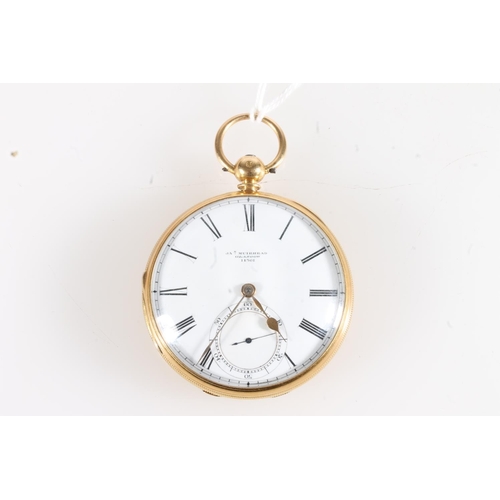 2 - 18ct gold cased open faced key wound pocket watch, the white enamel dial with Roman numeral chapter ... 