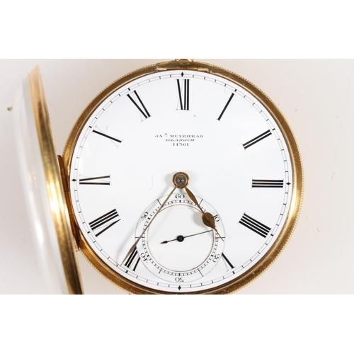 2 - 18ct gold cased open faced key wound pocket watch, the white enamel dial with Roman numeral chapter ... 